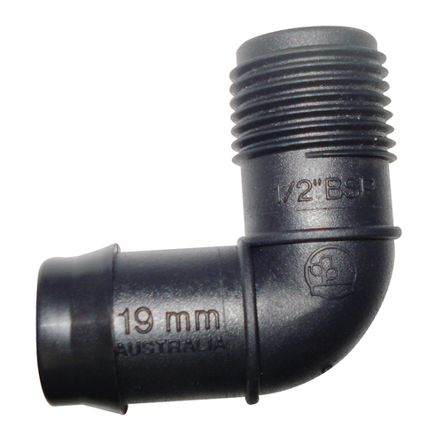 Threaded Elbow 19mm Barbed x 1/2" BSP Male. EBM1915