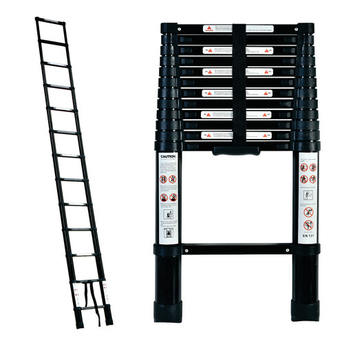 Black 3.8m portable telescopic ladder with carry bag